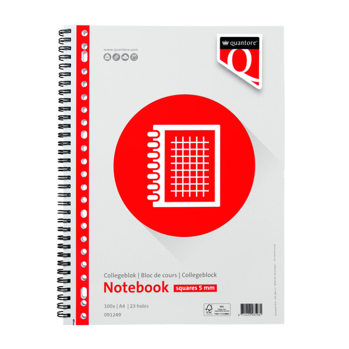 Collegeblok Quantore A4 ruit 5mm 23-gaats 200 pagina's 70gr