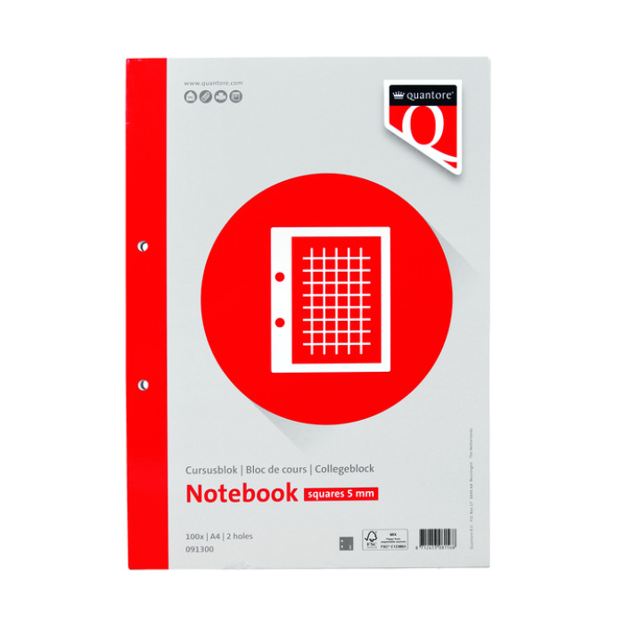 Cursusblok Quantore A4 ruit 5mm met kantlijn 200 pagina's 80gr