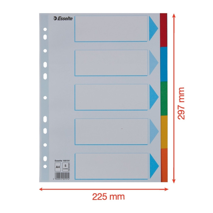 Tabbladen Esselte Standaard A4 5-delig karton 11-rings met voorblad assorti