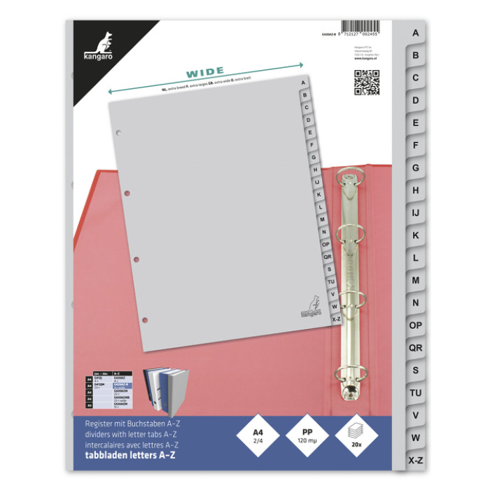 Tabbladen Kangaro A4 4-gaats 20-delig A-Z breed PP grijs