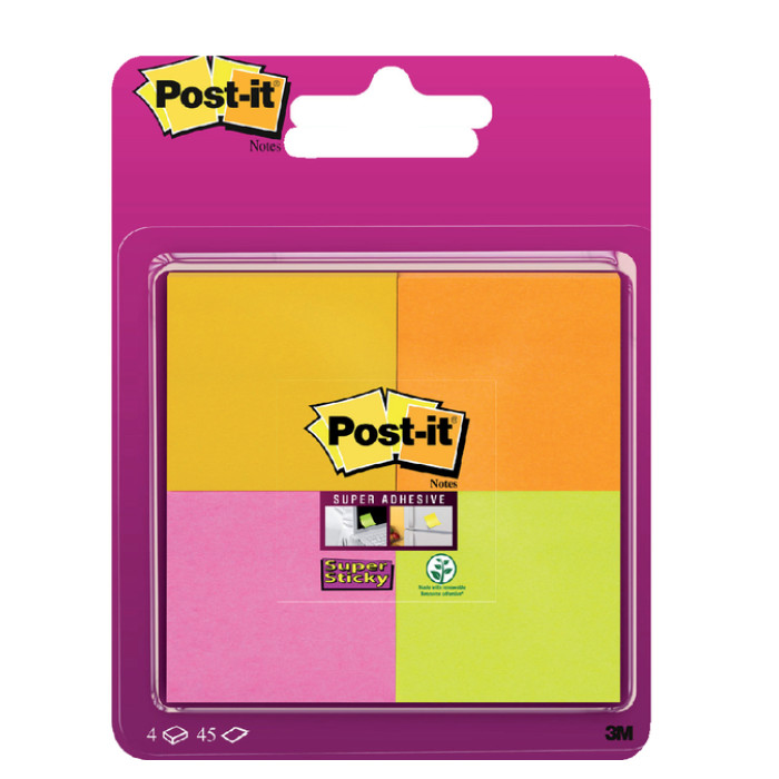 Memoblok Post-it 6910 Super Sticky 51x51mm assorti 4 stuks