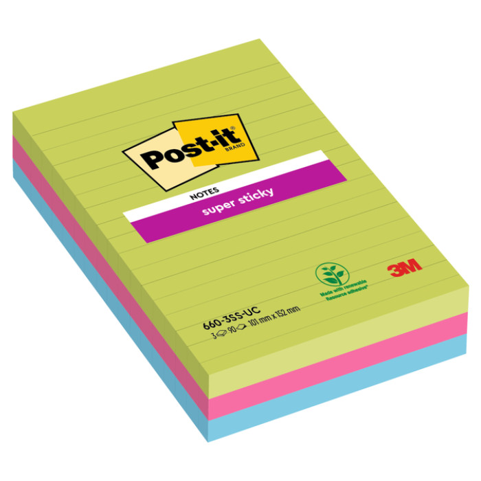 Memoblok Post-it 660 Super Sticky 102x152mm lijn rainbow 3 stuks