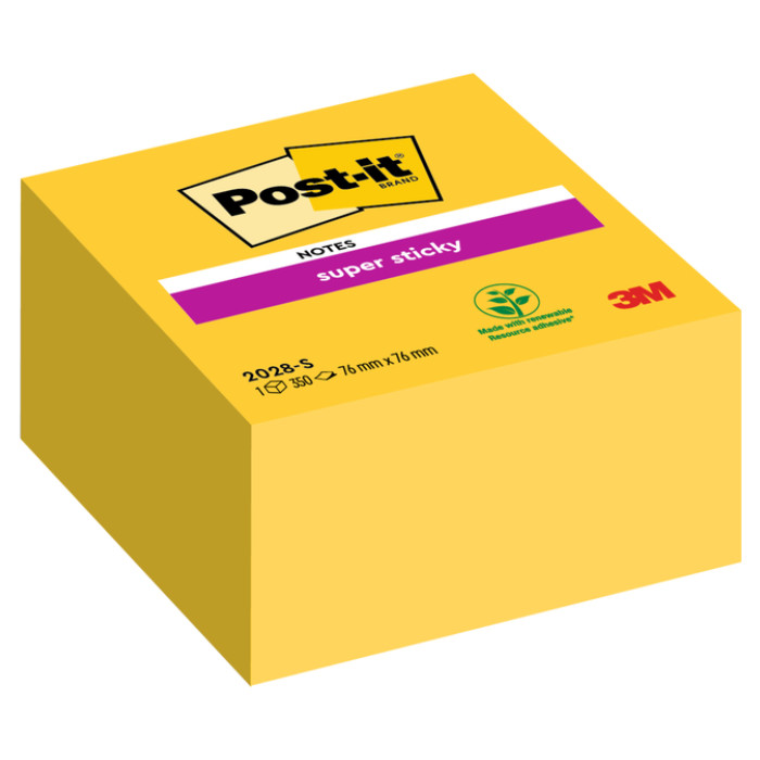 Memoblok Post-it 2028 Super Sticky 76x76mm kubus geel