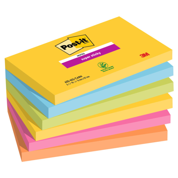 Memoblok Post-it 655 Super Sticky 76x127mm Carnival 6 stuks