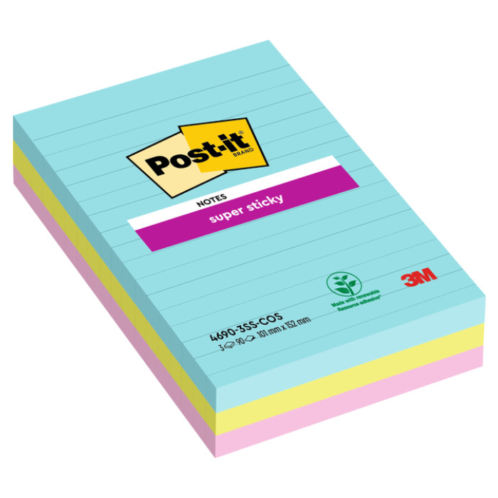 Memoblok Post-it 4690 Super Sticky 101x152mm Cosmic 3 stuks