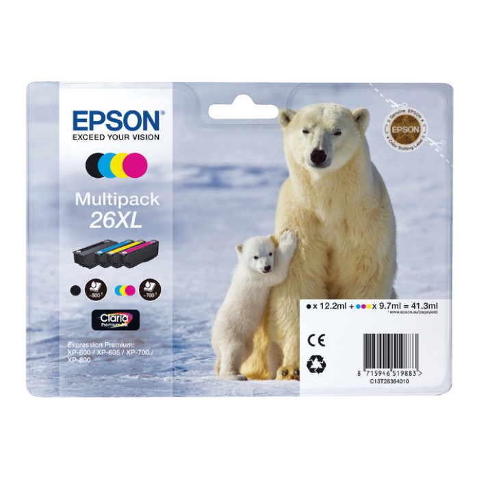 Inktcartridge Epson 26XL T2636 zwart + 3 kleuren
