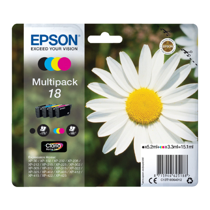 Inktcartridge Epson 18 T1806 zwart + 3 kleuren