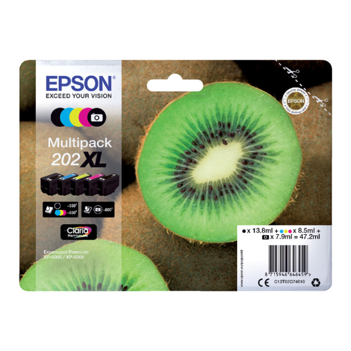 Inktcartridge Epson 202XL T02G74 zwart + 3 kleuren + foto zwart