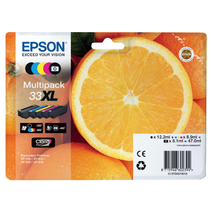 Inktcartridge Epson 33XL T3357 2x zwart + 3 kleuren