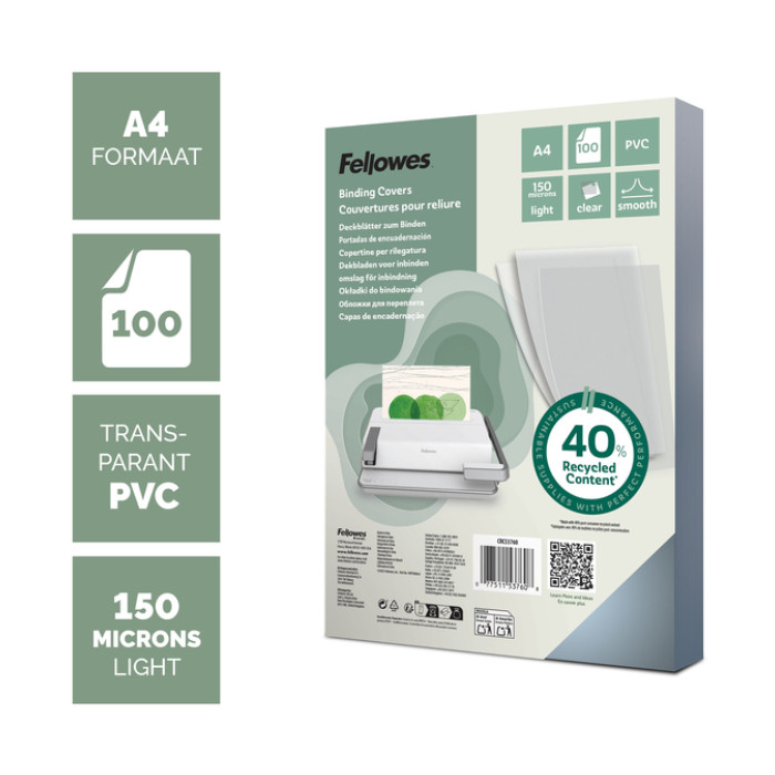 Voorblad Fellowes A4 PVC 150micron recycled 100 stuks