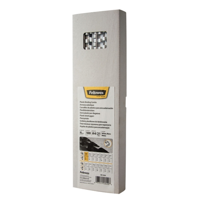 Bindrug Fellowes 6mm 21rings A4 wit 100 stuks