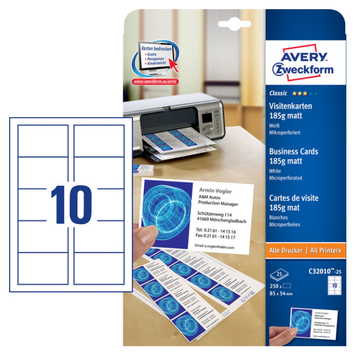 Visitekaart Avery C32010-25 85x54mm 185gr 250 stuks