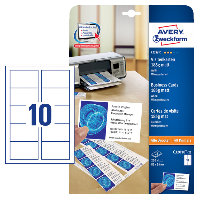 Visitekaart Avery C32010-25 85x54mm 185gr 250 stuks