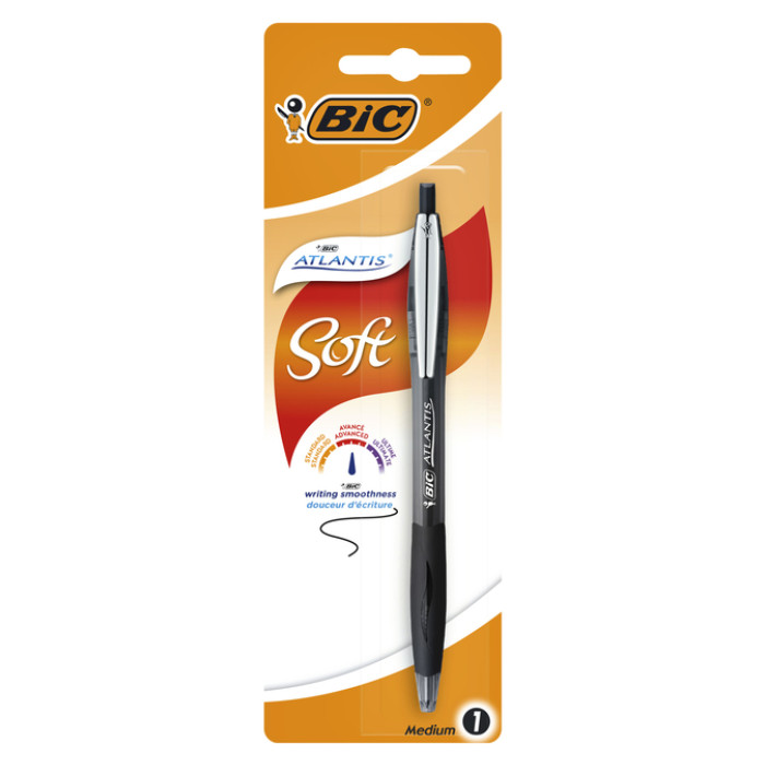 Balpen Bic Atlantis soft metalen clip clic medium zwart bister à 1st