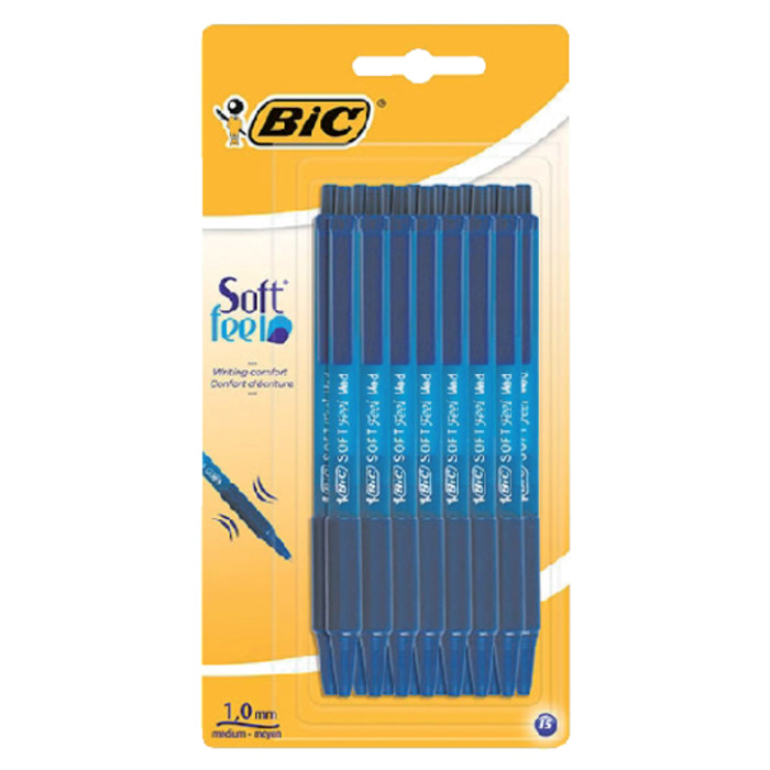 Balpen Bic soft feel clic grip blauw medium blister à 15 stuks