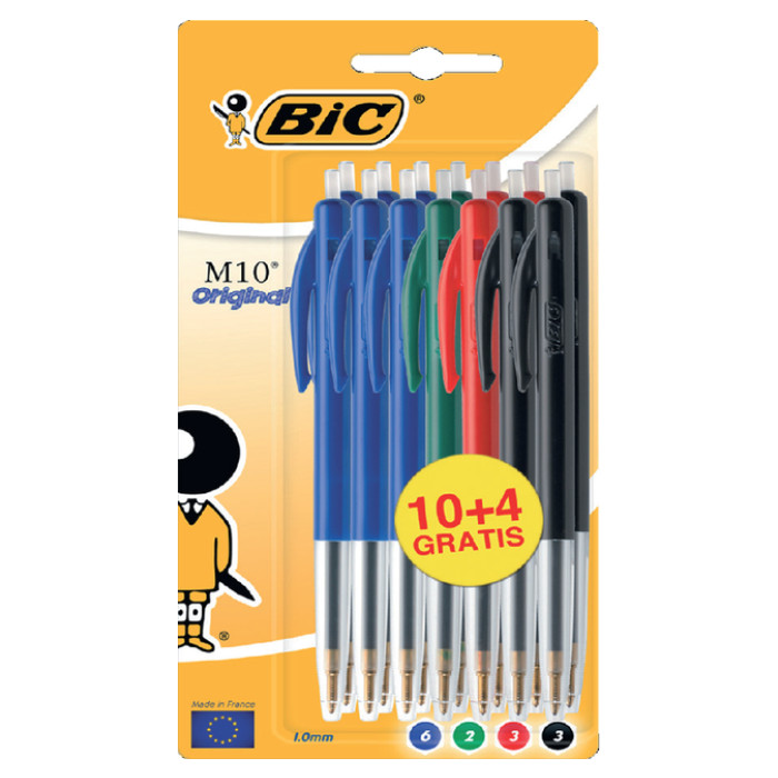 Balpen Bic M10 medium assorti blister à 10+4 gratis