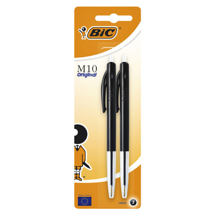 Balpen Bic M10 medium zwart blister à 2 stuks