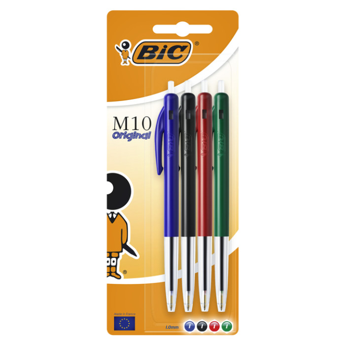 Balpen Bic M10 medium assorti blister à 4 stuks