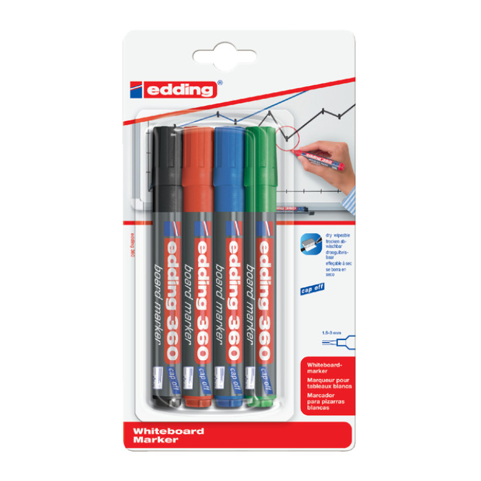 Whiteboardmarker edding 360 rond 1.5-3mm assorti blister à 4 stuks