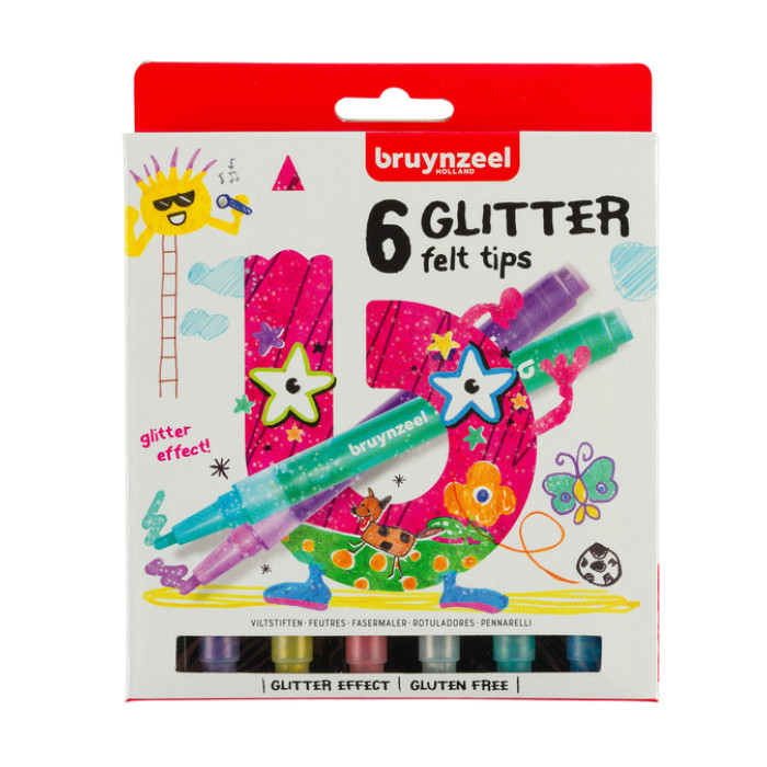 Viltstift Bruynzeel Kids assorti glitter 6 stuks