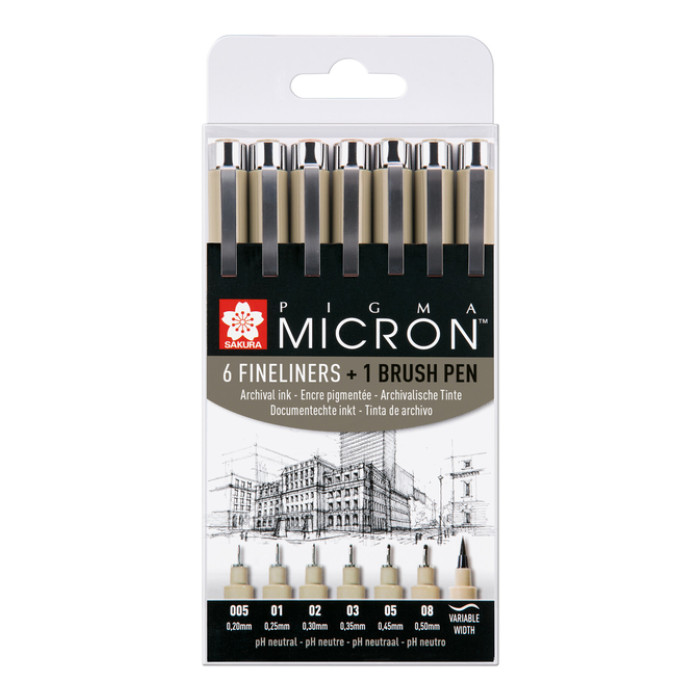 Fineliner Sakura Pigma Micron 6 schrijfbreedtes en brushpen zwart