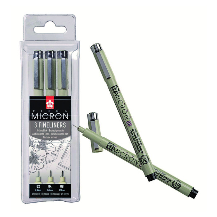 Fineliner Sakura Pigma Micron set à 3 schrijfbreedtes fijn zwart
