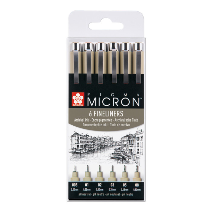 Fineliner Sakura Pigma Micron set à 6 schrijfbreedtes zwart