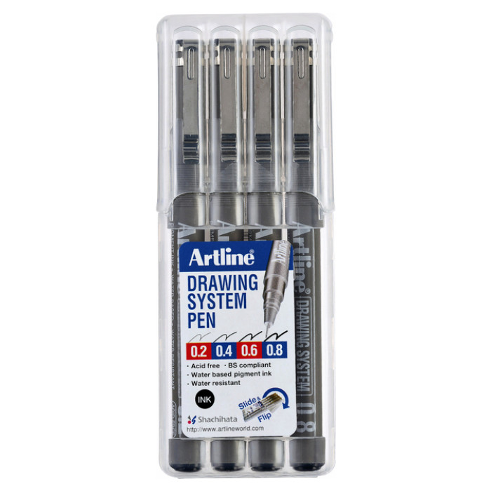 Fineliner Artline technisch etui met 0.2-0.4-0.6-0.8mm zwart