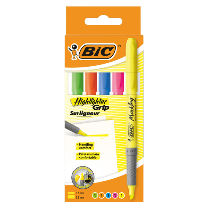 Markeerstift Bic grip assorti etui à 5 stuks