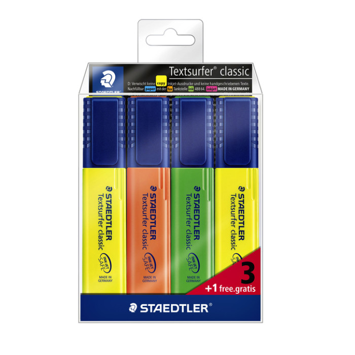 Markeerstift Staedtler 364 Textsurfer assorti 3 stuks + 1 geel gratis