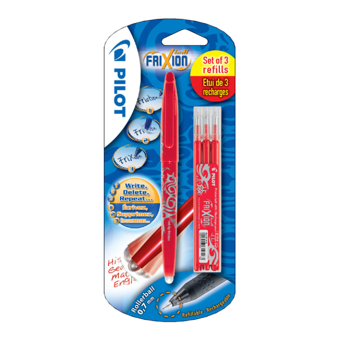 Rollerpen PILOT friXion medium rood blister à 1 stuk + 3 vullingen