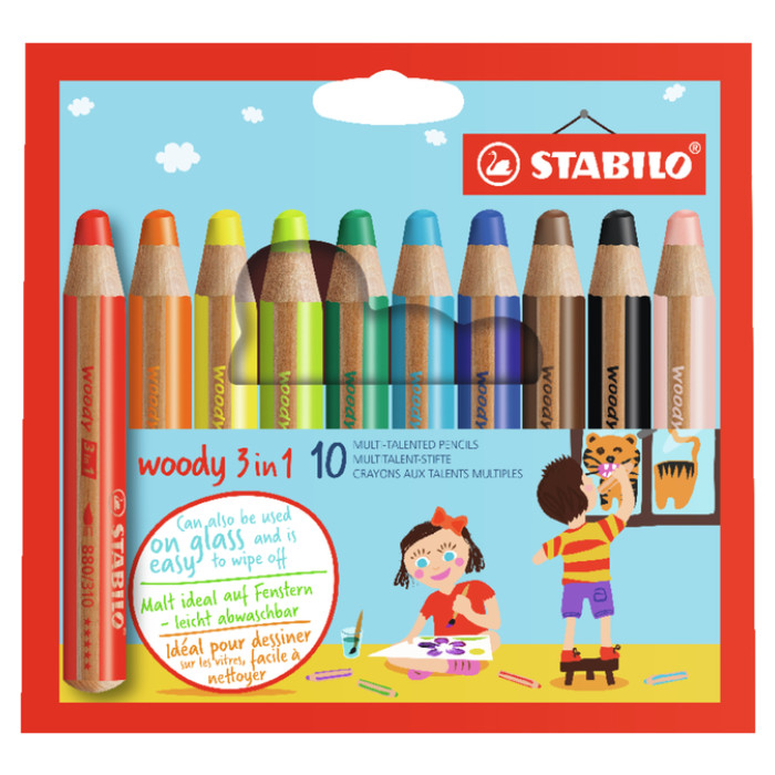 Kleurpotloden STABILO 880 woody 3 in 1 assorti etui à 10 stuks