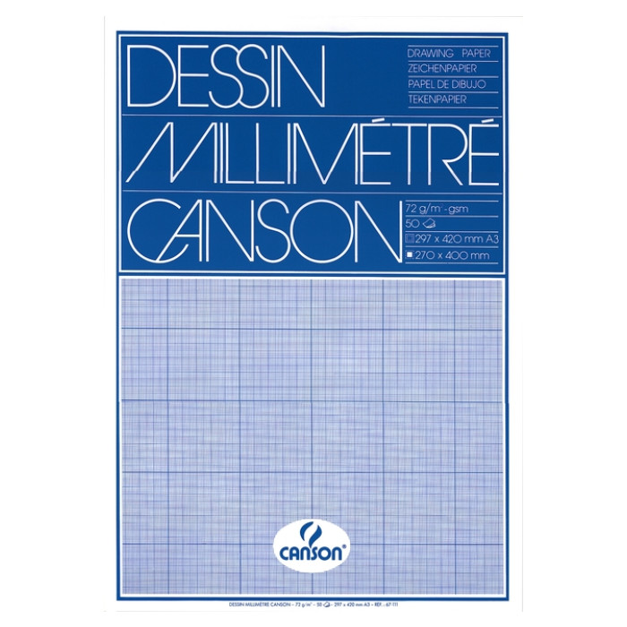 Millimeterpapier Canson lichtblauw bedrukt 50vel 72gr A3 wit