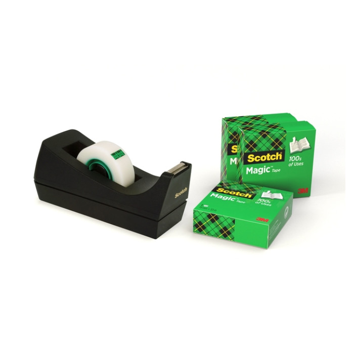 Plakbandhouder Scotch C38 zwart + 4 rollen magic tape 19mmx33m
