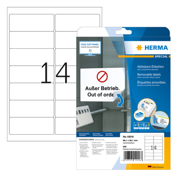 Etiket HERMA 10016 99.1x38.1mm verwijderbaar wit 350 stuks