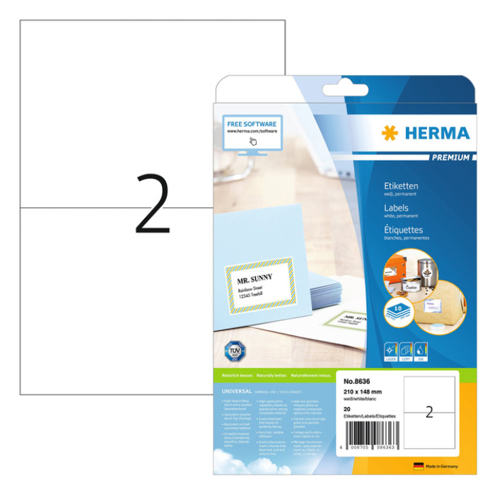 Etiket HERMA 8636 210x148mm A4 premium wit 20 stuks