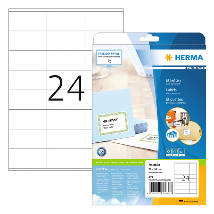 Etiket HERMA 8638 70x36mm premium wit 240 stuks