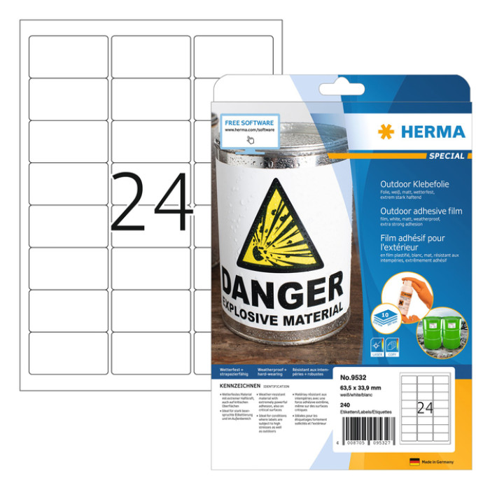 Etiket HERMA 9532 63.5x33.9mm weerbestendig wit 240 stuks