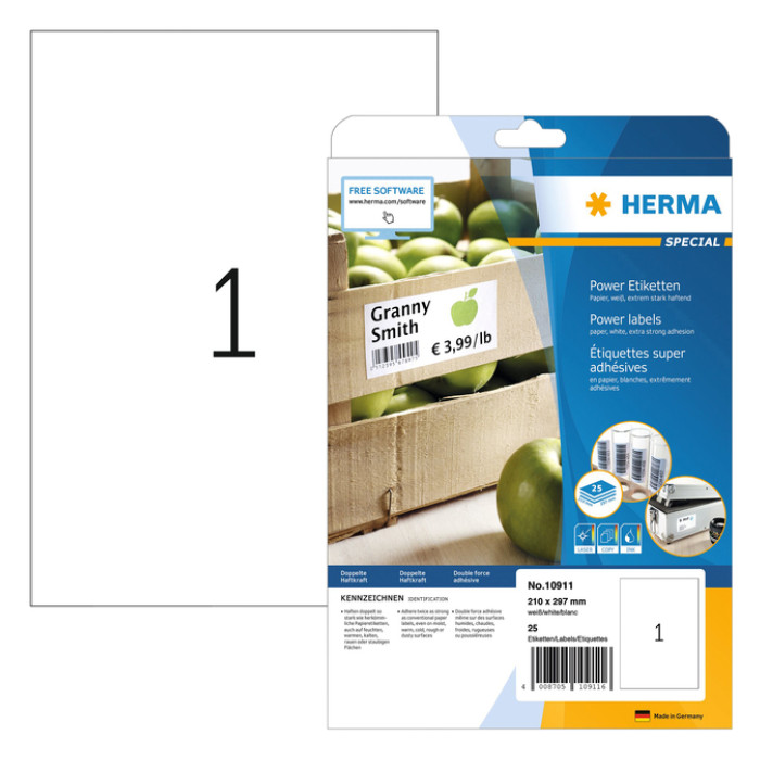 Etiket HERMA Power 10911 210x297mm wit 25 stuks
