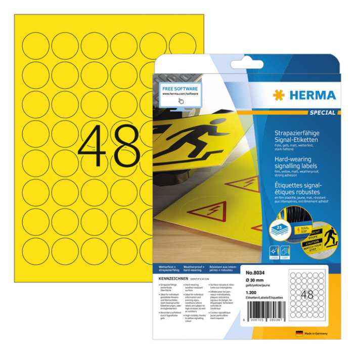 Etiket HERMA 8034 30mm rond weerbestendig geel 1200 stuks