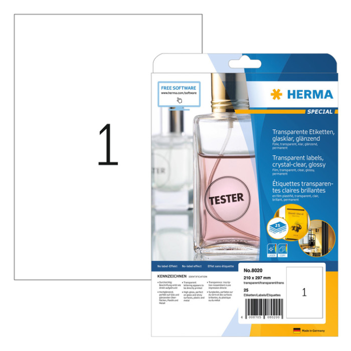 Etiket HERMA 8020 210x297mm transparant 25 stuks