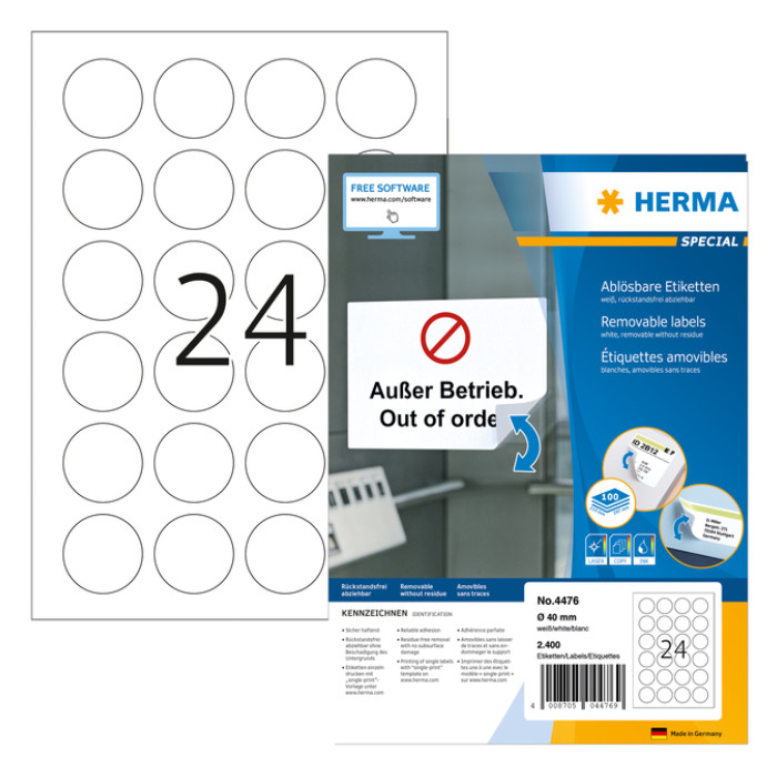 Etiket HERMA 4476 40mm verwijderbaar wit 2400 stuks