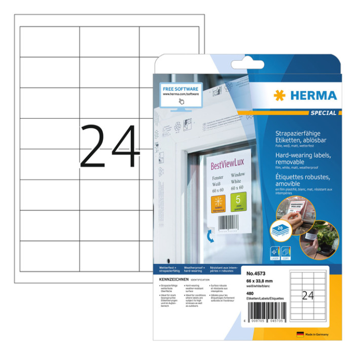 Etiket HERMA 4573 66x33.8mm folie wit 480 stuks