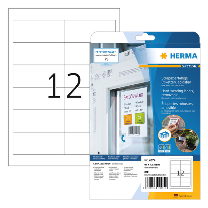 Etiket HERMA 4574 97x42.3mm folie wit 240 stuks