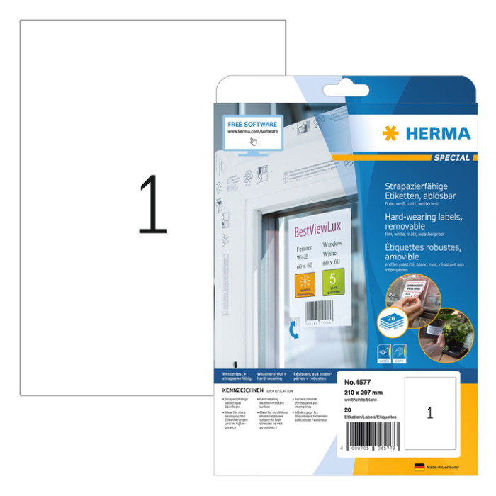 Etiket HERMA 4577 210x297mm folie wit 20 stuks