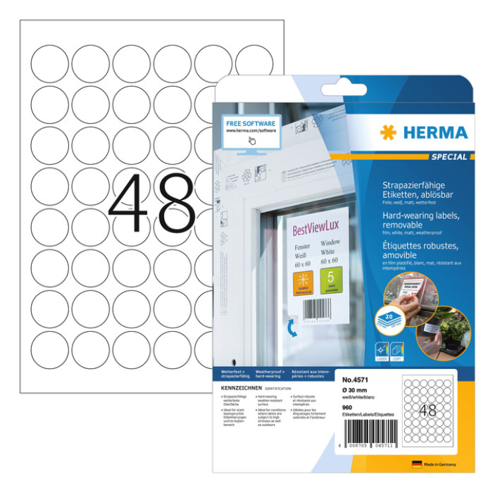 Etiket HERMA 4571 30mm rond folie wit 960 stuks