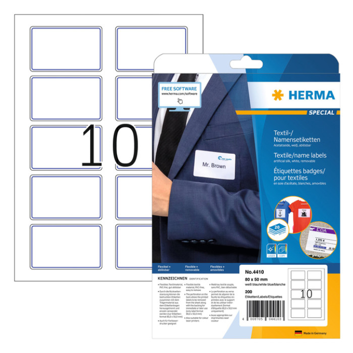 Naambadge etiket HERMA 4410 80x50mm wit/blauw 200 stuks
