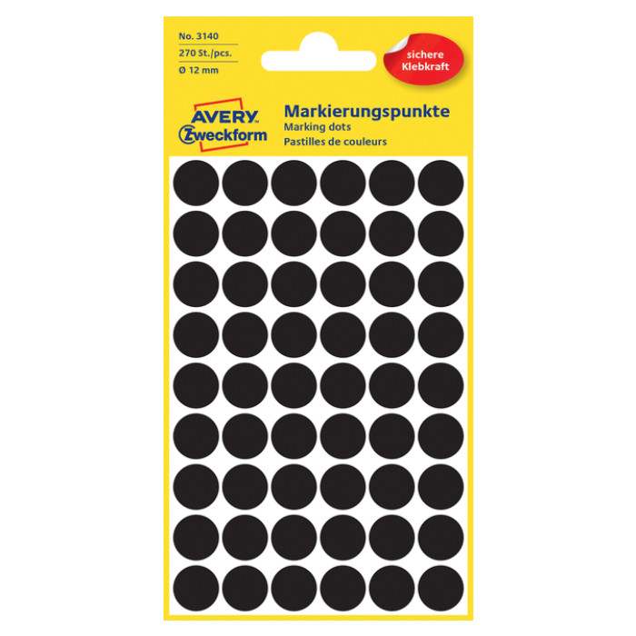 Etiket Avery 3140 rond 12mm zwart 270 stuks