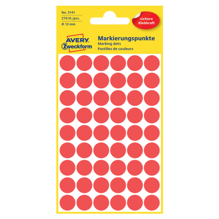 Etiket Avery 3141 rond 12mm rood 270 stuks