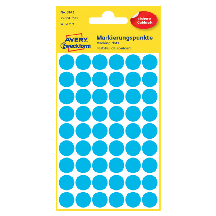 Etiket Avery 3142 rond 12mm blauw 270 stuks